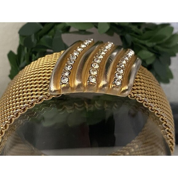 Vintage 1960s Bangle Bracelet Wide Mesh Gold Tone Rhinestone Detail Retro MCM - Picture 10 of 16